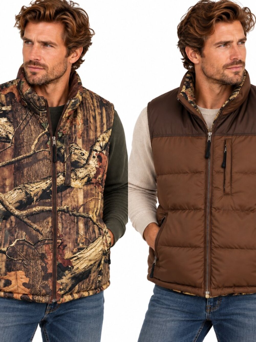 L.L. Bean Reversible Goose Down Vest L Brown Oak Break-Up‎ Infinity Camo Hunting